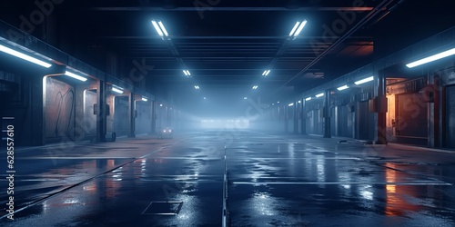 Empty Flooded Industrial Hallway at Night with Eerie Reflections and Dim Lighting, Copy Space, Generative AI © ParinApril