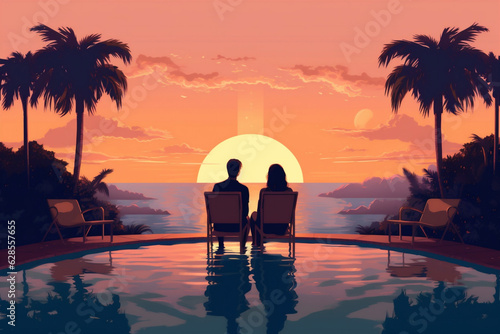 honeymoon romantic travel back couple sunset relax vacation swimming pool. Generative AI.