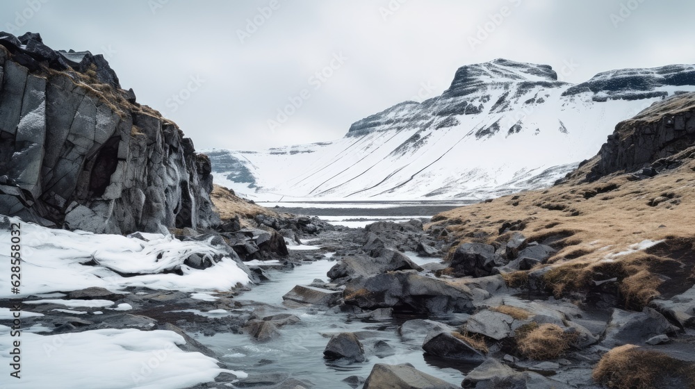 lake in winter, snow covered mountains, lake and mountains, lake in the mountains, iceland landscape in winter with a black ice cave ine the background