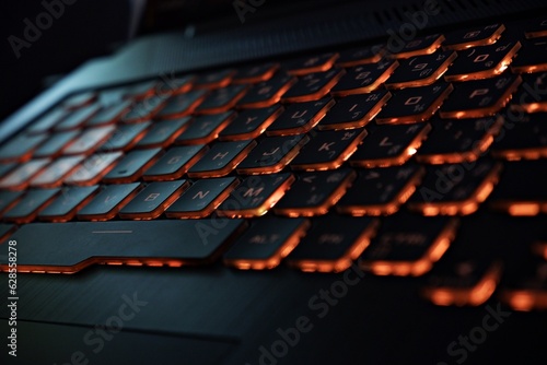 Close up of laptop thai keyboard colorful neon illumination, backlit keyboard. photo