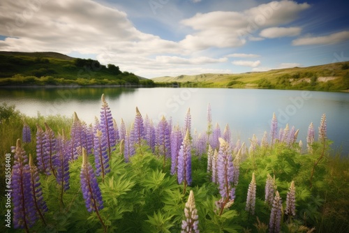 Lakeside Serenity: A Beautiful Scenery of Blue Skies and Purple Lupines
