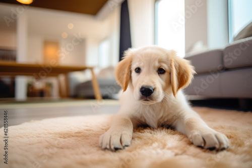 A golden retriever puppy lies on a fluffy carpet in the living room.
