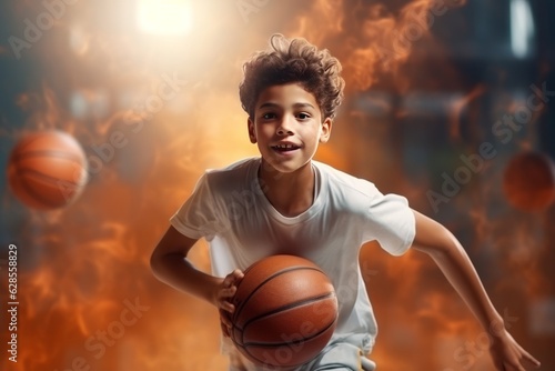 happy latino boy playing basketball. abstract fire