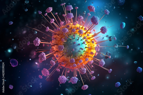 A scientific bio-virus illustration, showcasing the various components that make up the viral particle Generative AI © Denis Yevtekhov