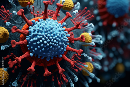 A realistic bio-virus illustration, capturing the complexity of viral structures under a microscope Generative AI © Denis Yevtekhov