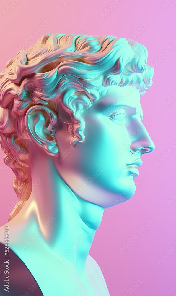 Holographic 3D antique statue on pastel background