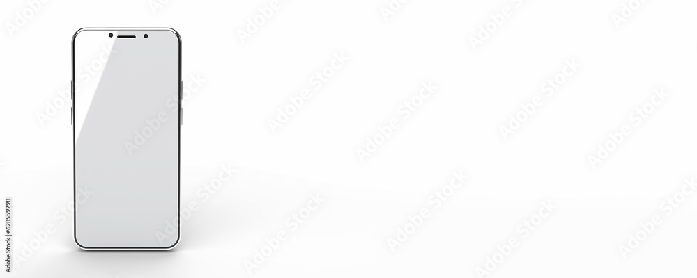 Sleek smartphone device isolated on white background with copy space. Generative AI banner Sleek smartphone device isolated on white background with copy space. Generative AI banner