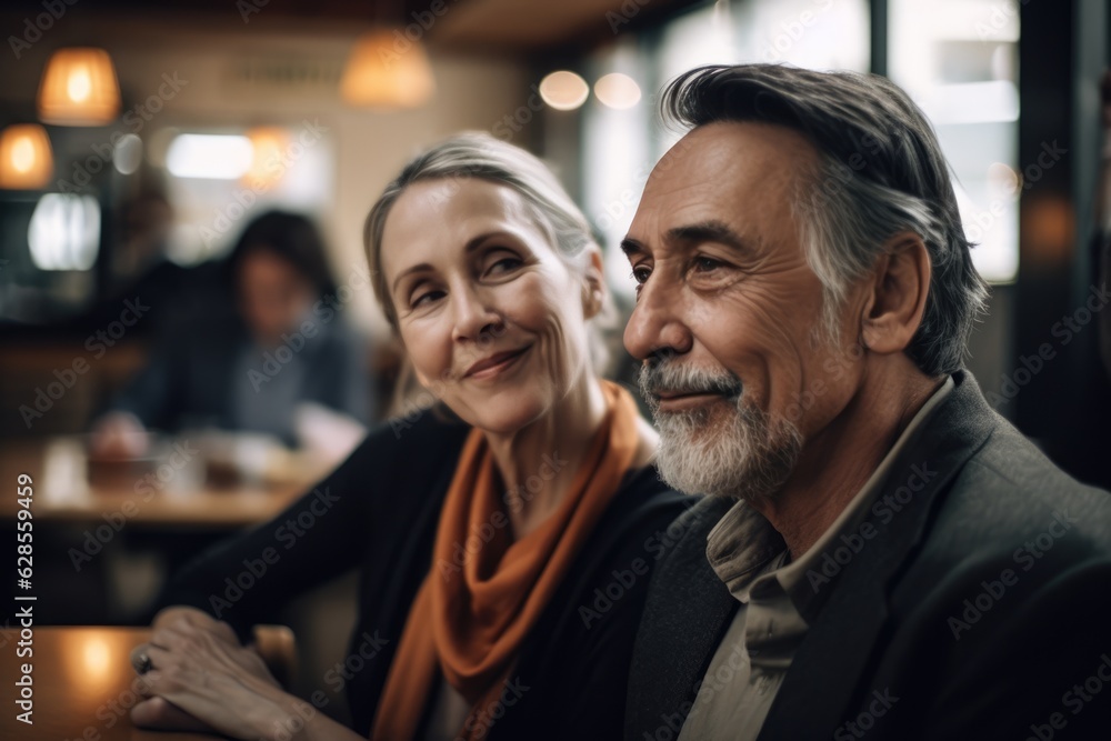 Middle age couple enjoying dating time in cafe Middle age couple enjoying dating time in cafe