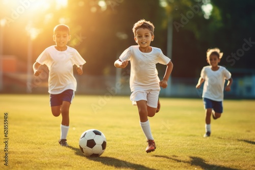 Kids soccer football - young children players match on soccer field.