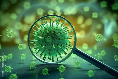 A bio-virus illustration with a magnifying glass, symbolizing the search for answers and cures Generative AI photo