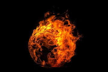 The ball of fire appears almost suspended in the darkness, its flames illuminating the blackness around it with a fiery glow. generative AI.