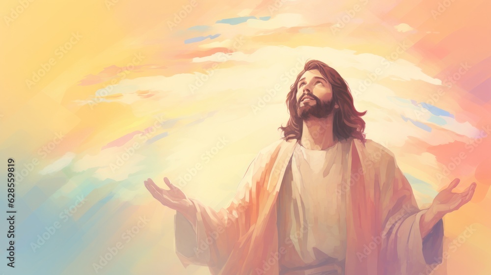 An illustration of a man with long hair and a beard gazing at the sky and talking to God. Generative AI An illustration of a man with long hair and a beard gazing at the sky and talking to God. Generative AI