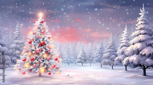 Christmas tree topped with a star with lights and baubles in the winter forest at night.  Christmas scene for crafts, scrapbooking, invitations or art projects.  