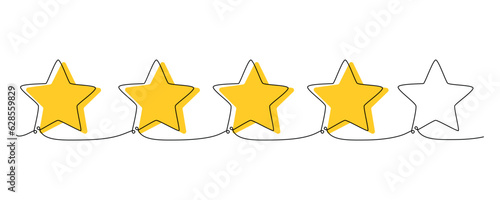Rating stars one single hand drawing line. Vector stock illustration isolated on white background for design top review feedback web page bar, restaurant, hotel, vote. Editable stroke. 