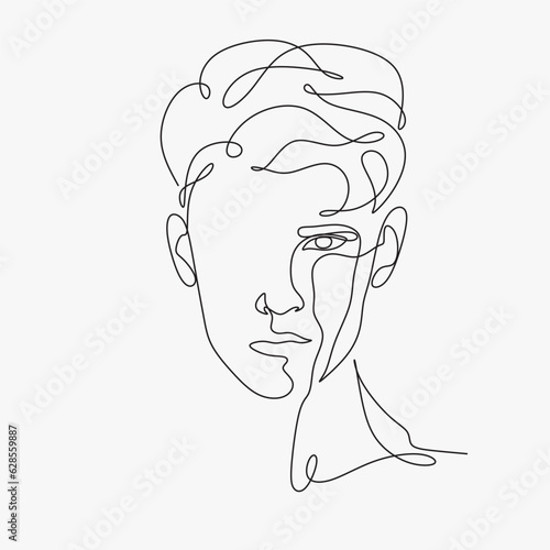 Face line art style minimal man poster illustration. Continuous line portrait, face and hairstyle drawing, fashion concept, minimalism, vector illustration for t-shirt print, poster, postcard, decor.