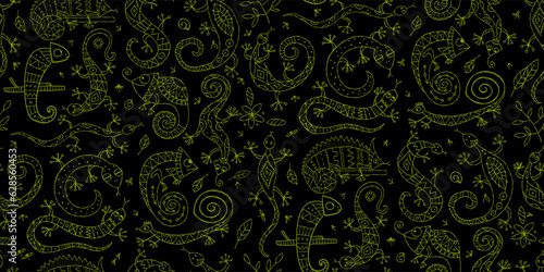 Lizard characters, jungle animal. Chameleon seamless pattern for your design