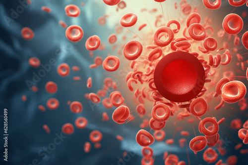 A close-up illustration of erythrocytes, showcasing their unique biconcave disk shape and hemoglobin content Generative AI photo