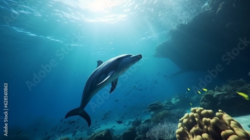 Dolphin swims in an underwater ocean corals and fishes.