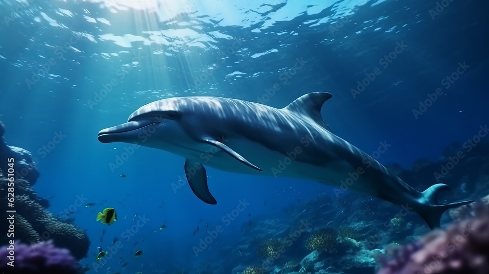 Naklejka premium Dolphin swims in an underwater ocean corals and fishes.