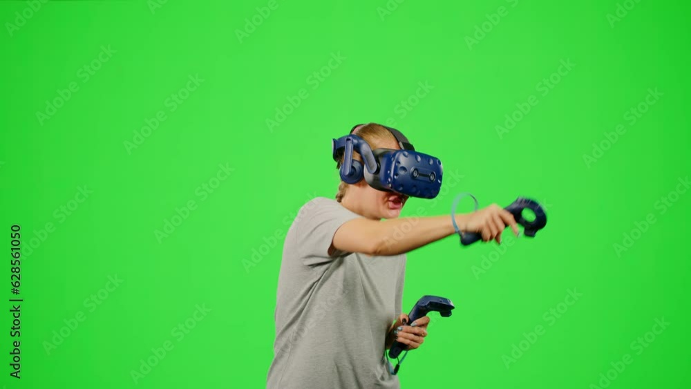 The girl wearing VR headset gaming in virtual reality fighting game.The