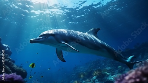 Dolphin swims in an underwater ocean corals and fishes. © Denis