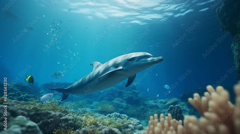 Fototapeta premium Dolphin swims in an underwater ocean corals and fishes.
