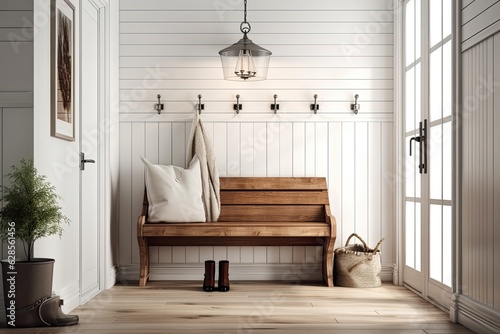 farmhouse's front door. nearby white shiplap wall, a wooden bench. Mockup of the interior and frame. Generative AI photo