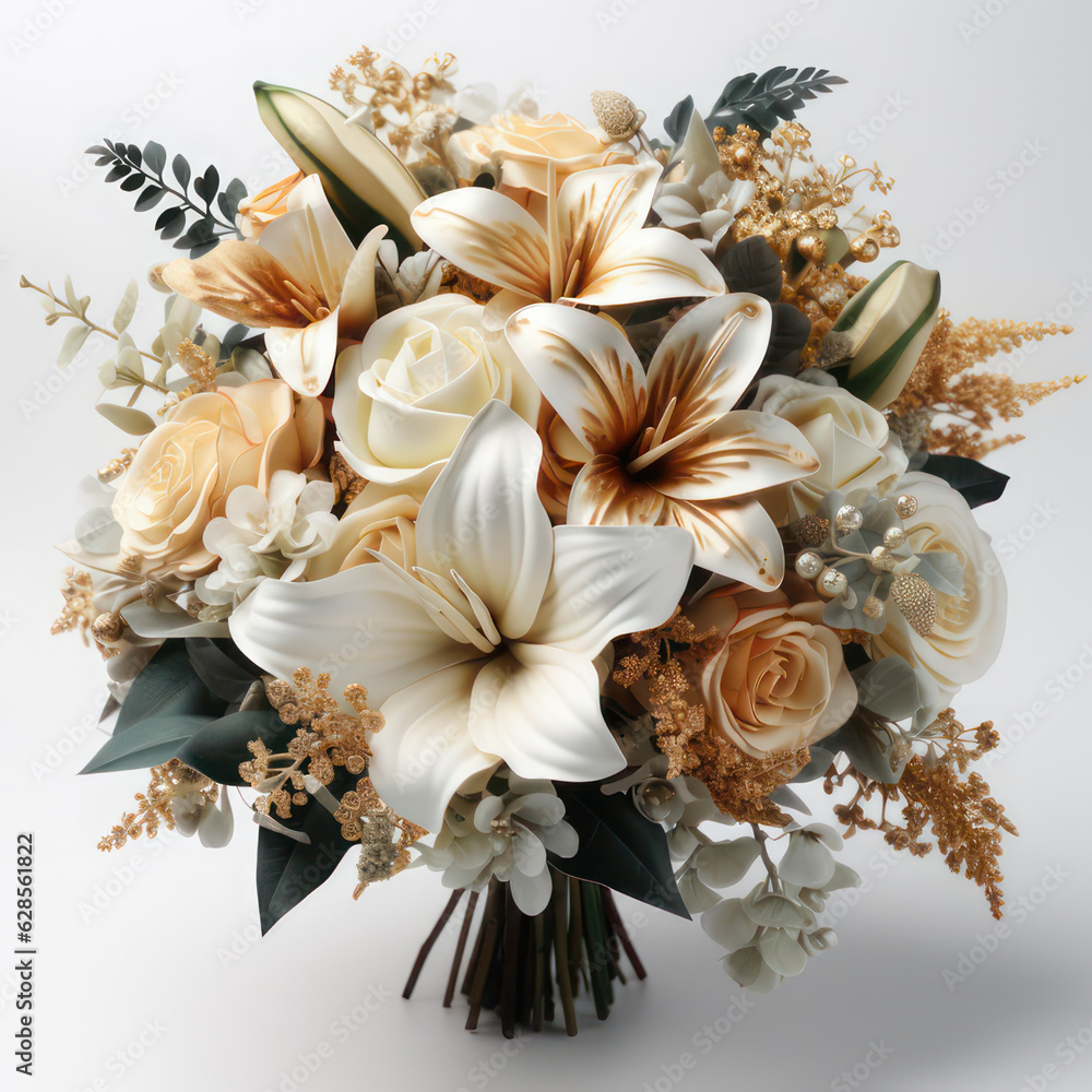 Wedding bouquet with lilies and roses on a white background. AI generative. Wedding bouquet with lilies and roses on a white background. AI generative.