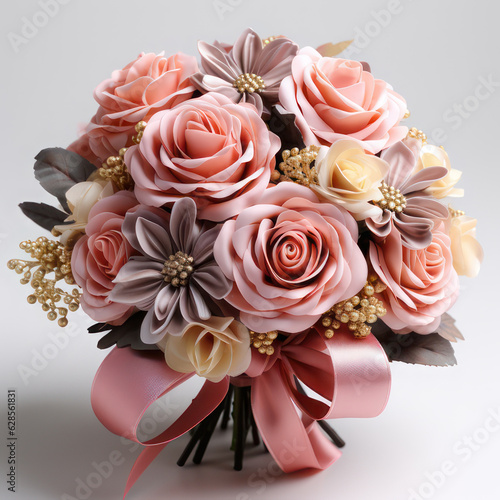 Wedding bouquet with pink ribbon on a white background. AI generative.