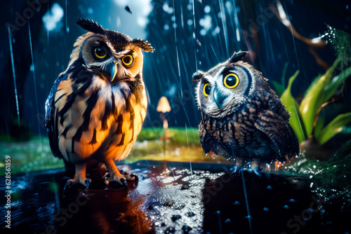 Couple of owls sitting on top of puddle of water next to each other photo