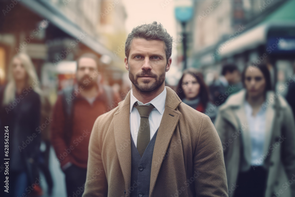 Businessman and executive man walking on busy street through downtown. Businessman and executive man walking on busy street through downtown.