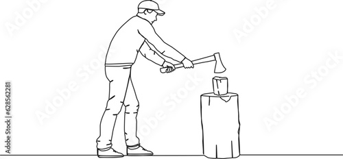 continuous single line drawing of man chopping wood with axe, line art vector illustration