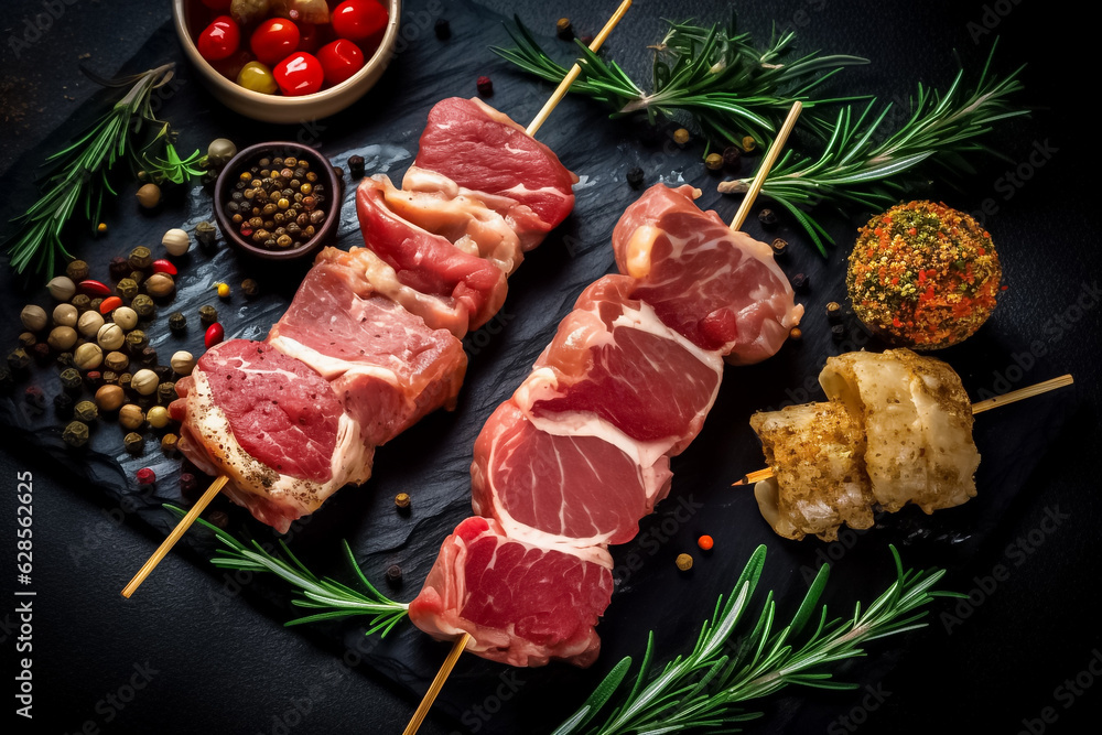 Artfully arranged on a dark background, these raw pork neck skewers are garnished with rosemary, sea salt, garlic, and a tantalizing blend of spices. generative AI. Artfully arranged on a dark background, these raw pork neck skewers are garnished with rosemary, sea salt, garlic, and a tantalizing blend of spices. generative AI.