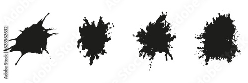 Stain Texture, Paint Brush Spatter Collection. Ink Splatter Set. Splash Abstract Design Element, Grunge Splat. Dirty Black Blot, Messy Inkblot, Liquid Blob. Isolated Vector Illustration