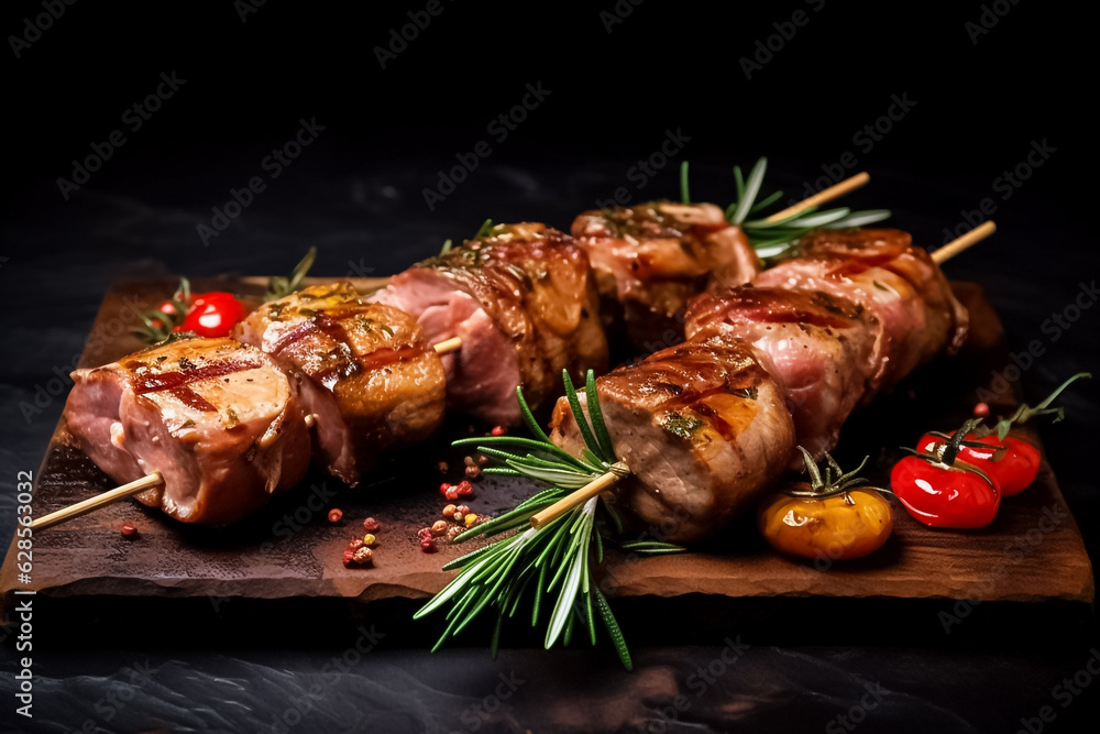 Irresistible flavors of grilled pork neck skewers, beautifully presented on a dark background with aromatic rosemary, sea salt, garlic, and exquisite spices. generative AI.
