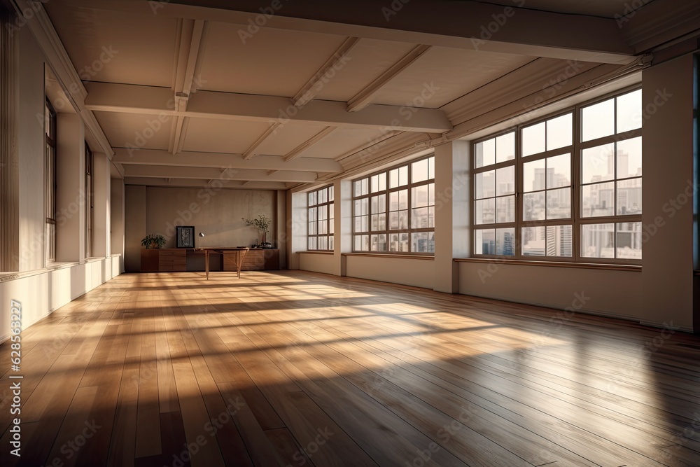 Empty room that is not furnished and has beige walls, a parquet floor, a white plinth, a large window that spans the entire wall in the middle, and two windows on the right. on a Window with a Work Pa Empty room that is not furnished and has beige walls, a parquet floor, a white plinth, a large window that spans the entire wall in the middle, and two windows on the right. on a Window with a Work Pa