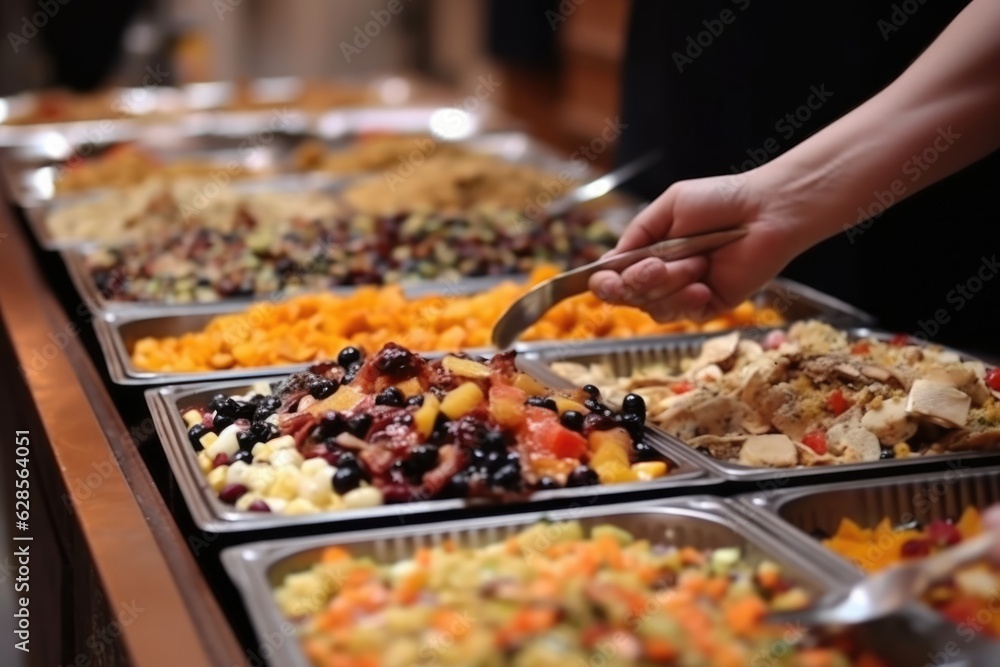 Indoor Restaurant Buffet: Group Catering with Meat, Fruits, and Colorful Vegetables on Display