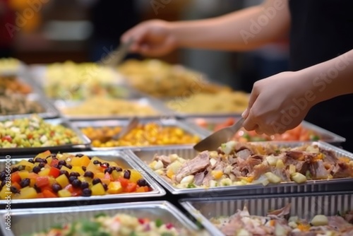 Delicious Group Catering Buffet: Meat, Fruits, and Vegetables in Restaurant Indoor Setting