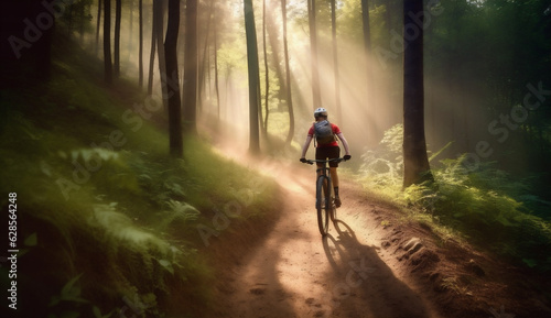 forest woman bicycle summer bike walking dark sunset cycling sport helmet. Generative AI. © VICHIZH