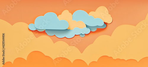 illustrazione con nuvole azzurre su sfondo arancio, cielo al tramonto con nubi, ritagli di carta colorata photo