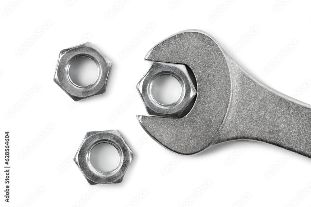 Close-up of wrenche and steel screw nuts Close-up of wrenche and steel screw nuts