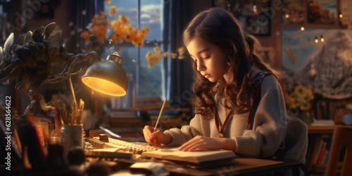 Young beautiful girl  studying on her computer  teenager s room background. AI Generative
