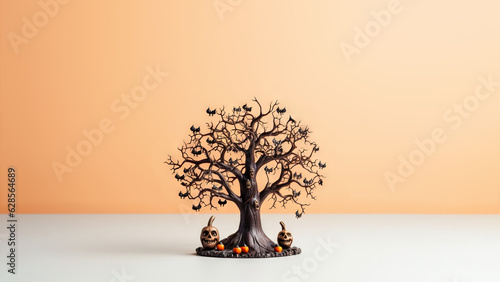 Halloween Tree Decoration on light orange background with copy space  Generative AI 
