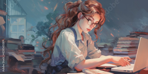 Young beautiful girl, studying on her computer, teenager's room background. AI Generative