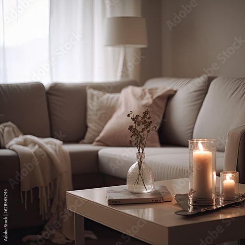 Cozy modern living room for relax, reading and comfort with candles. Generative AI.