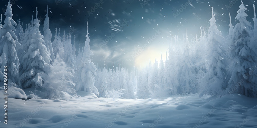 Blurry image of a winter forest, small snowdrifts and light snowfall - a beautiful winter-themed background wide format Blurry image of a winter forest, small snowdrifts and light snowfall - a beautiful winter-themed background wide format