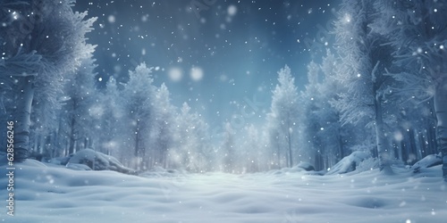 Blurry image of a winter forest, small snowdrifts and light snowfall - a beautiful winter-themed background wide format © Jing