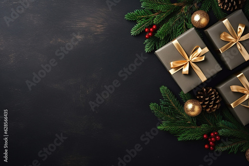christmas background with pine tree, berries, balls and grey gift boxes