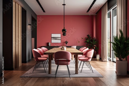 Interior design for a meeting room featuring a wooden floor, a pink wall, and red cloth chairs. Interior meeting and dining room mockup for an apartment building, condo, or show home. Generative AI © Vusal