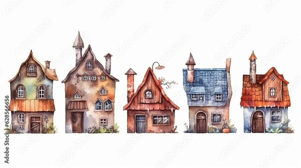 collection of a set of small European rustic fairy-tale houses painted in watercolor. collection of a set of small European rustic fairy-tale houses painted in watercolor.